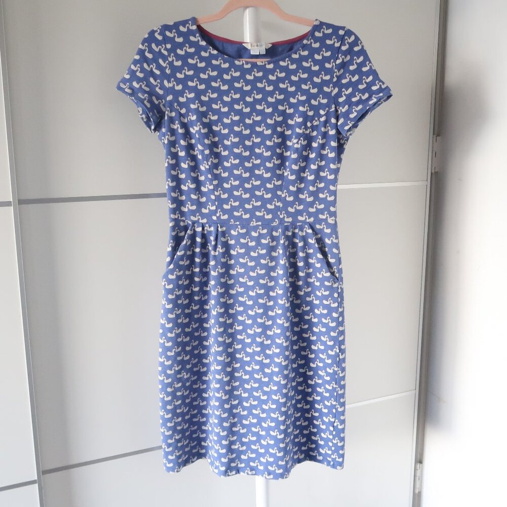 Boden Blue Swan Novelty Print Cotton Fit & Flare Dress Short Sleeve Casual 4 - Picture 2 of 7
